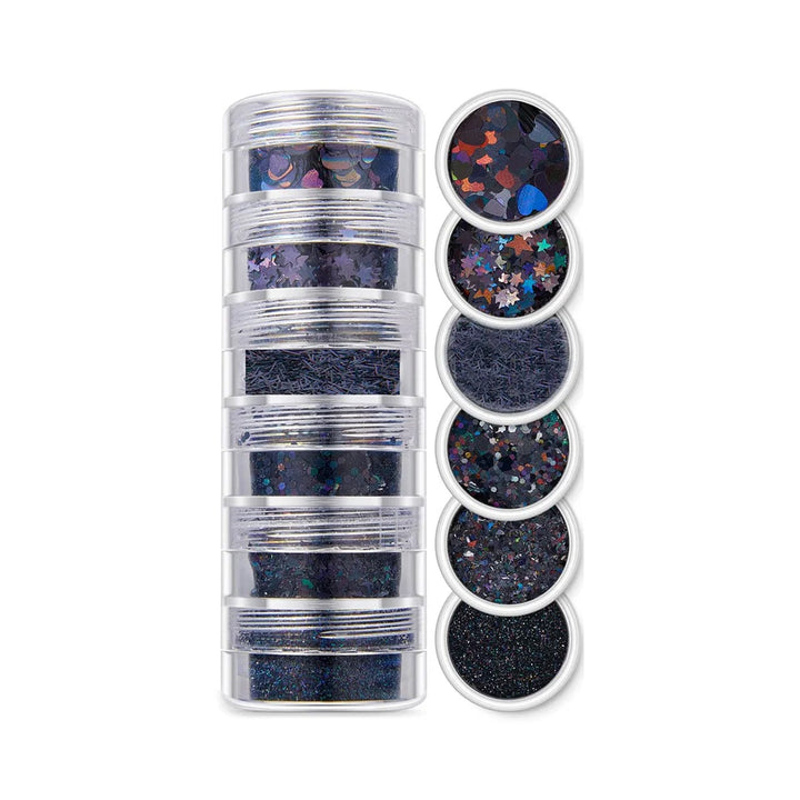 6 In 1 Glitter & Chunks Rainbow Black Sg04