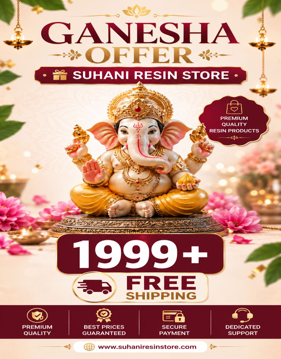 Promotional banner for a Ganesha resin statue, featuring a golden and cream-colored Ganesha idol on a decorated pedestal with text overlays reading 'GANESHA OFFER', 'SUHANI RESIN STORE', '1999+ FREE SHIPPING', and product feature icons at the bottom.
