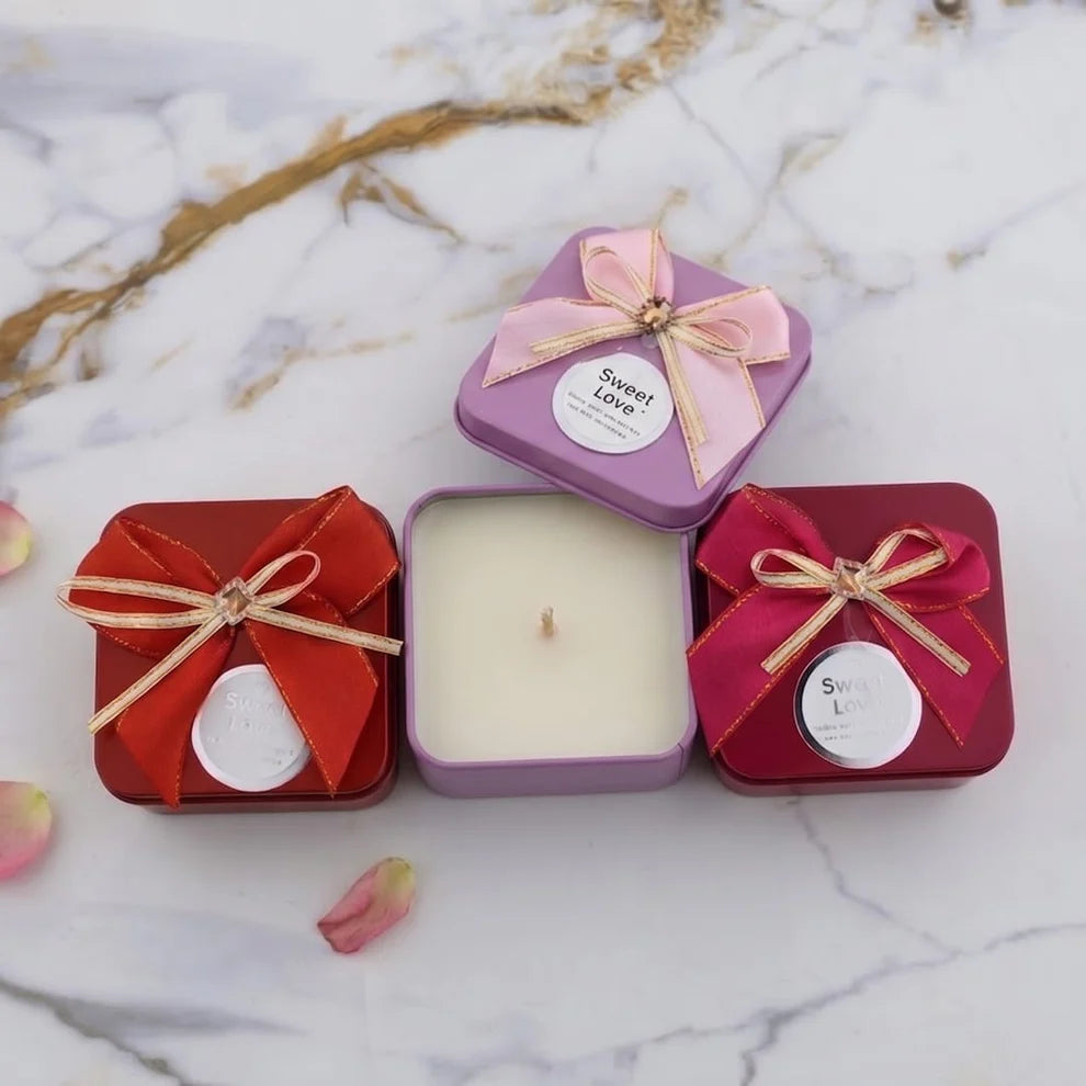 12 Pcs Square Shape Sweet Love With Bow Tin Jar